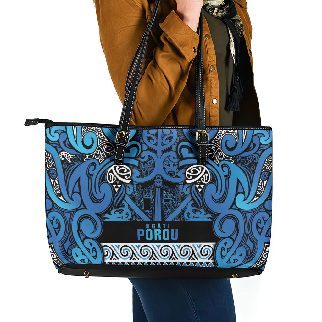 Aotearoa Iwi Ngati Porou Leather Tote Bag Maori Wharenui House Tribal Pattern
