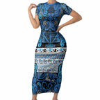 Aotearoa Iwi Ngati Porou Short Sleeve Bodycon Dress Maori Wharenui House Tribal Pattern