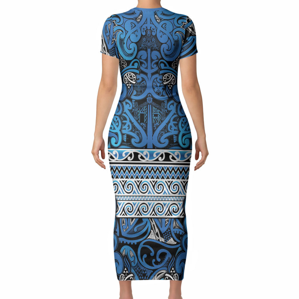 Aotearoa Iwi Ngati Porou Short Sleeve Bodycon Dress Maori Wharenui House Tribal Pattern