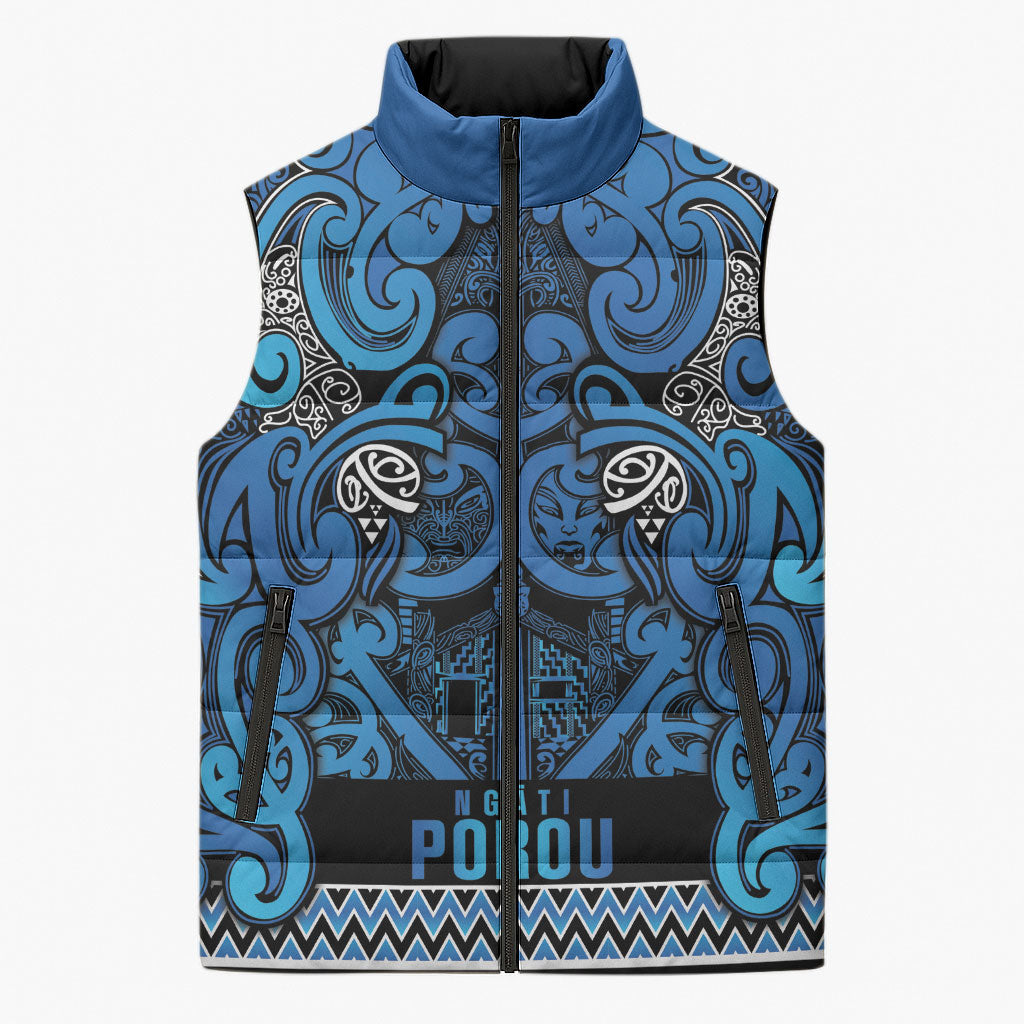 Aotearoa Iwi Ngati Porou Sleeveless Puffer Jacket Maori Wharenui House Tribal Pattern