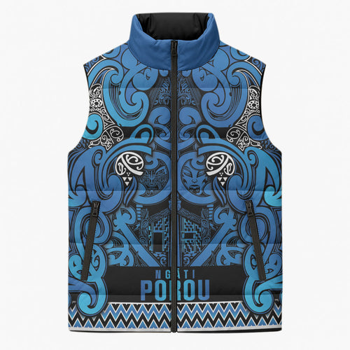 Aotearoa Iwi Ngati Porou Sleeveless Puffer Jacket Maori Wharenui House Tribal Pattern