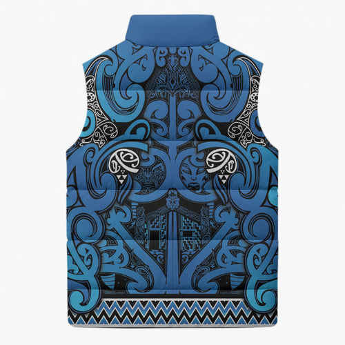 Aotearoa Iwi Ngati Porou Sleeveless Puffer Jacket Maori Wharenui House Tribal Pattern
