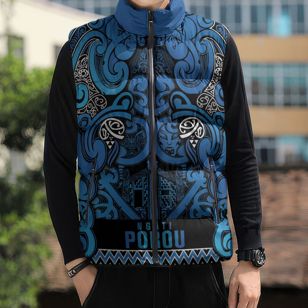 Aotearoa Iwi Ngati Porou Sleeveless Puffer Jacket Maori Wharenui House Tribal Pattern