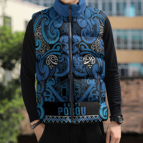 Aotearoa Iwi Ngati Porou Sleeveless Puffer Jacket Maori Wharenui House Tribal Pattern