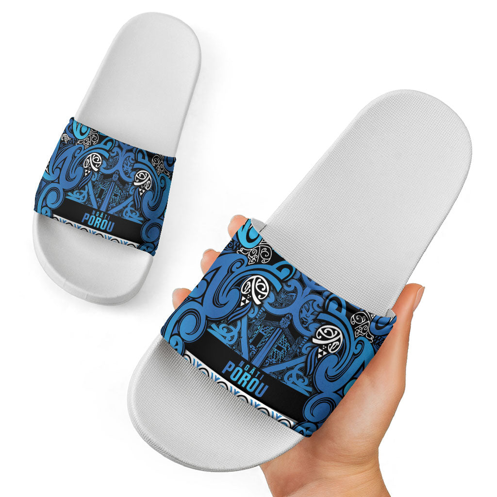 Aotearoa Iwi Ngati Porou Slide Sandals Maori Wharenui House Tribal Pattern