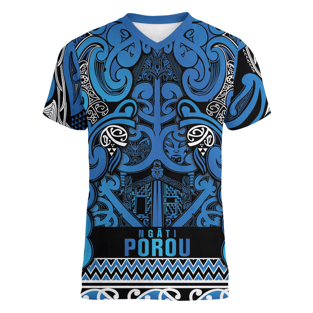 Aotearoa Iwi Ngati Porou Women V-Neck T-Shirt Maori Wharenui House Tribal Pattern