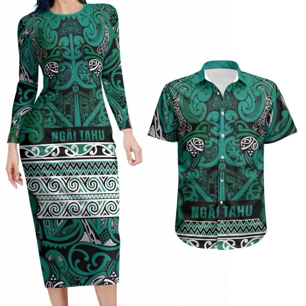 Aotearoa Iwi Ngai Tahu Couples Matching Long Sleeve Bodycon Dress and Hawaiian Shirt Maori Wharenui House Tribal Pattern