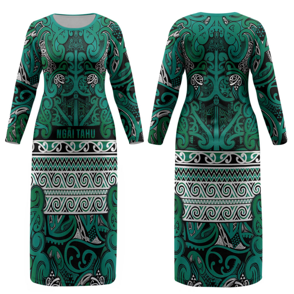 Aotearoa Iwi Ngai Tahu Couples Matching Long Sleeve Bodycon Dress and Hawaiian Shirt Maori Wharenui House Tribal Pattern