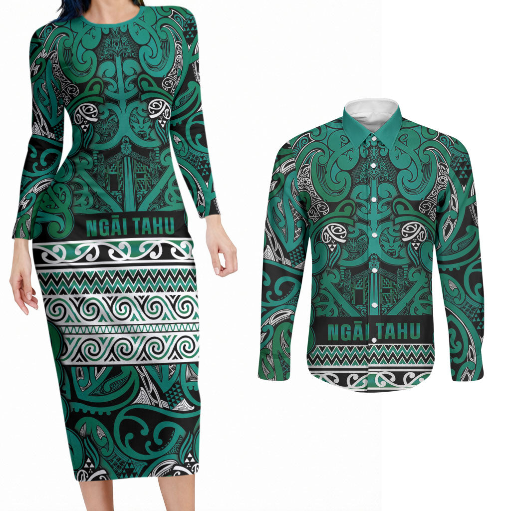 Aotearoa Iwi Ngai Tahu Couples Matching Long Sleeve Bodycon Dress and Long Sleeve Button Shirt Maori Wharenui House Tribal Pattern