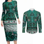 Aotearoa Iwi Ngai Tahu Couples Matching Long Sleeve Bodycon Dress and Long Sleeve Button Shirt Maori Wharenui House Tribal Pattern