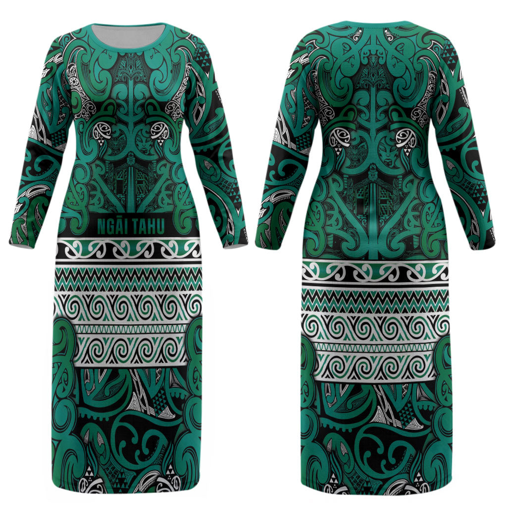 Aotearoa Iwi Ngai Tahu Couples Matching Long Sleeve Bodycon Dress and Long Sleeve Button Shirt Maori Wharenui House Tribal Pattern