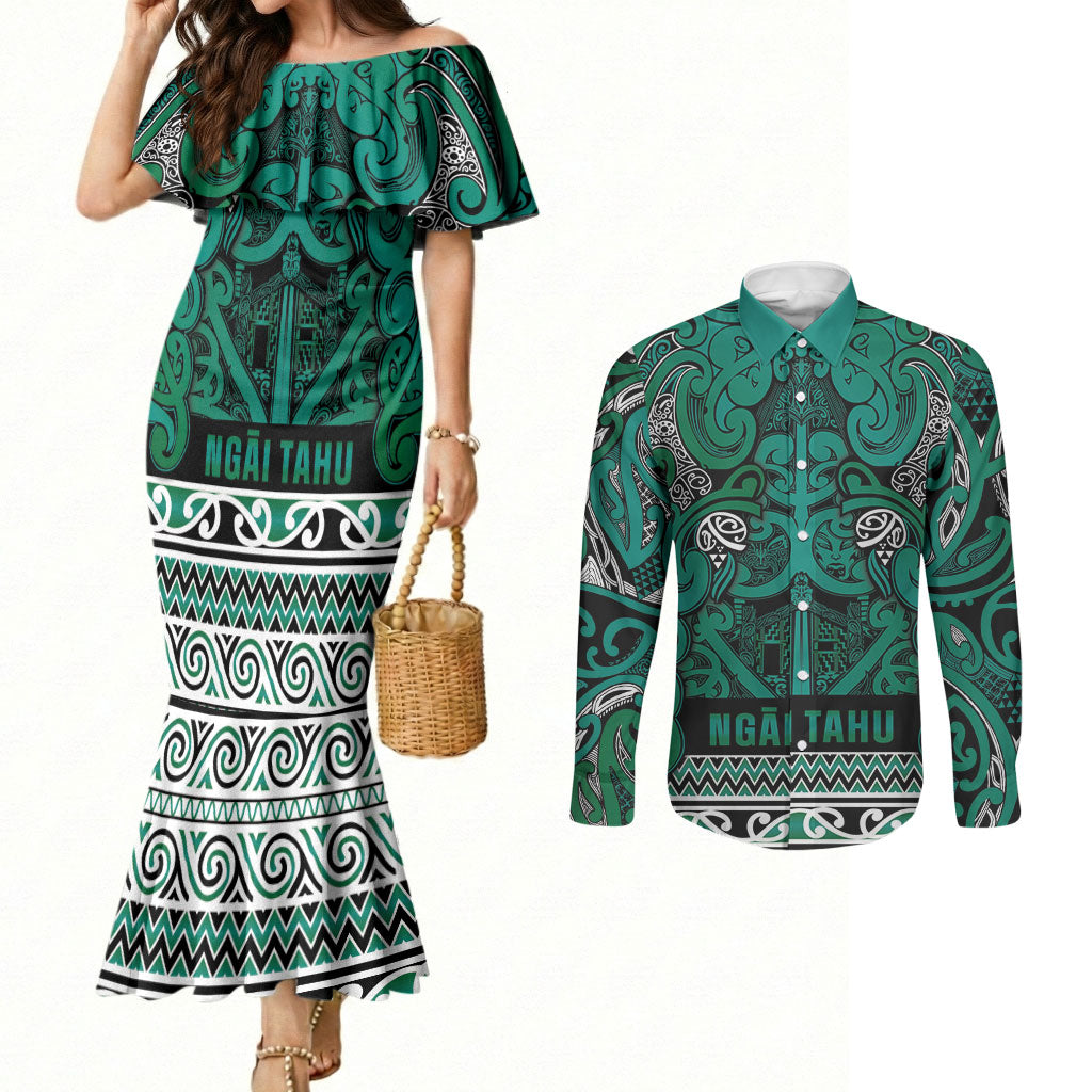 Aotearoa Iwi Ngai Tahu Couples Matching Mermaid Dress and Long Sleeve Button Shirt Maori Wharenui House Tribal Pattern