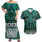 Aotearoa Iwi Ngai Tahu Couples Matching Off Shoulder Maxi Dress and Hawaiian Shirt Maori Wharenui House Tribal Pattern