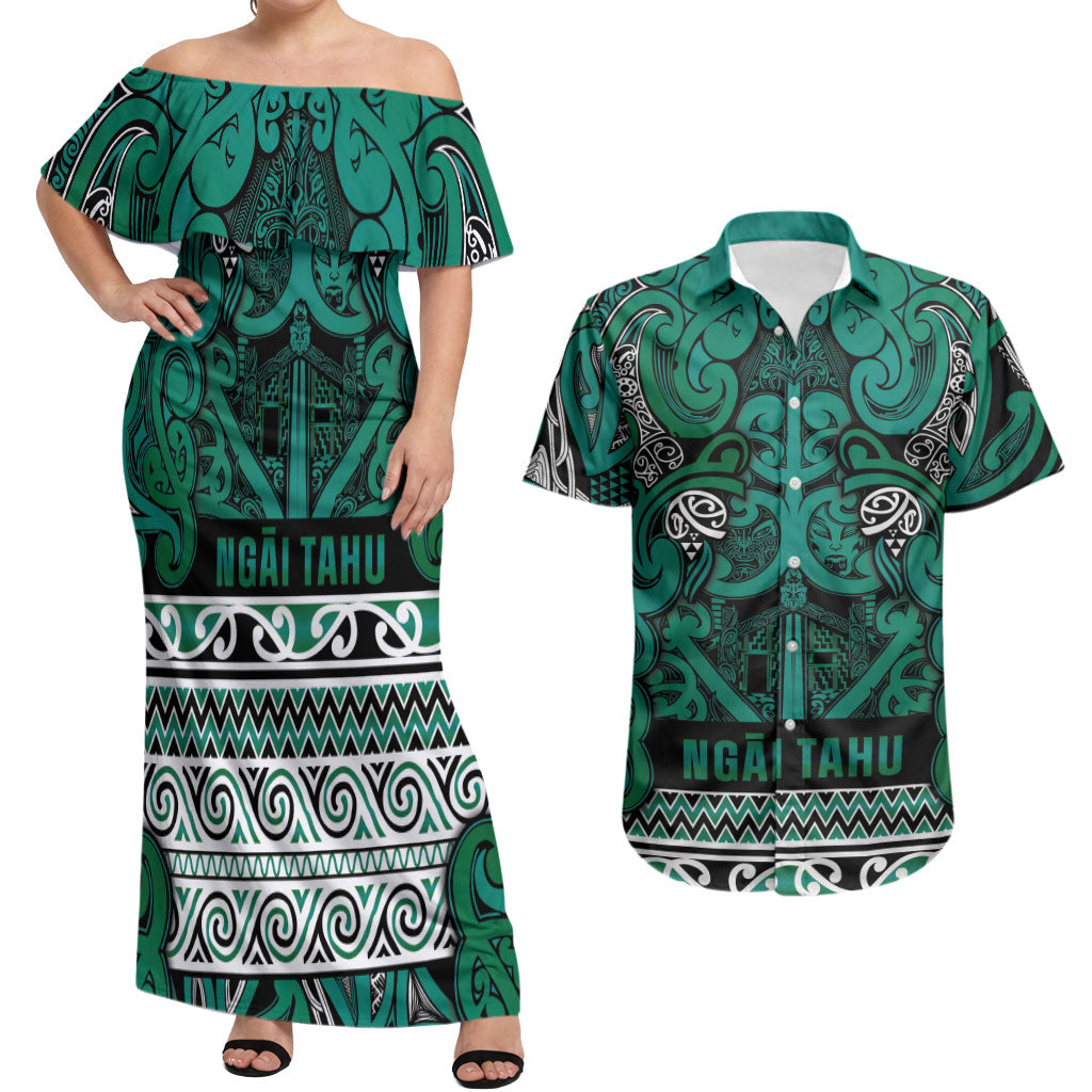 Aotearoa Iwi Ngai Tahu Couples Matching Off Shoulder Maxi Dress and Hawaiian Shirt Maori Wharenui House Tribal Pattern