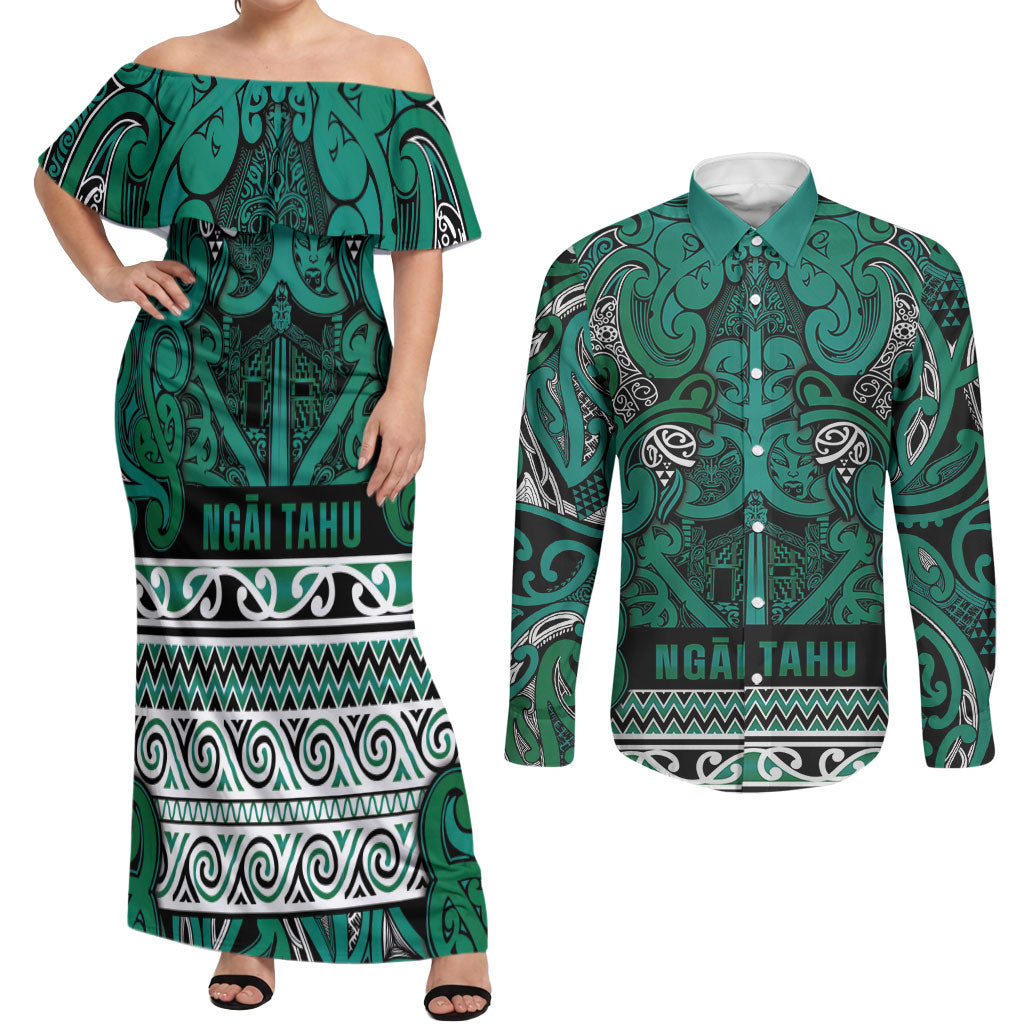 Aotearoa Iwi Ngai Tahu Couples Matching Off Shoulder Maxi Dress and Long Sleeve Button Shirt Maori Wharenui House Tribal Pattern