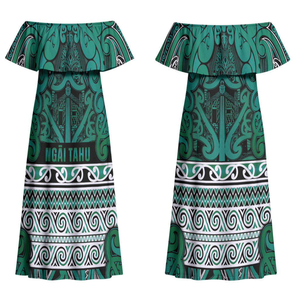 Aotearoa Iwi Ngai Tahu Couples Matching Off Shoulder Maxi Dress and Long Sleeve Button Shirt Maori Wharenui House Tribal Pattern