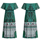 Aotearoa Iwi Ngai Tahu Couples Matching Off Shoulder Maxi Dress and Long Sleeve Button Shirt Maori Wharenui House Tribal Pattern
