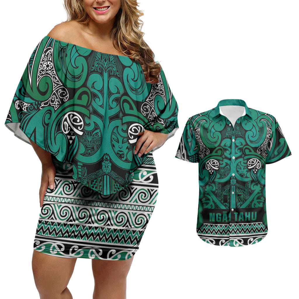 Aotearoa Iwi Ngai Tahu Couples Matching Off Shoulder Short Dress and Hawaiian Shirt Maori Wharenui House Tribal Pattern