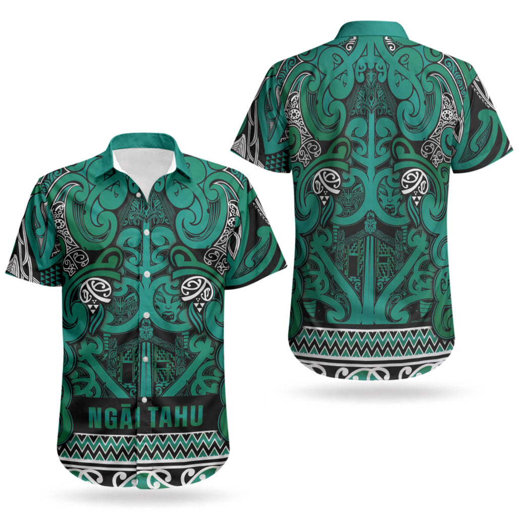 Aotearoa Iwi Ngai Tahu Couples Matching Off Shoulder Short Dress and Hawaiian Shirt Maori Wharenui House Tribal Pattern