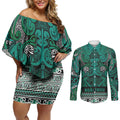 Aotearoa Iwi Ngai Tahu Couples Matching Off Shoulder Short Dress and Long Sleeve Button Shirt Maori Wharenui House Tribal Pattern