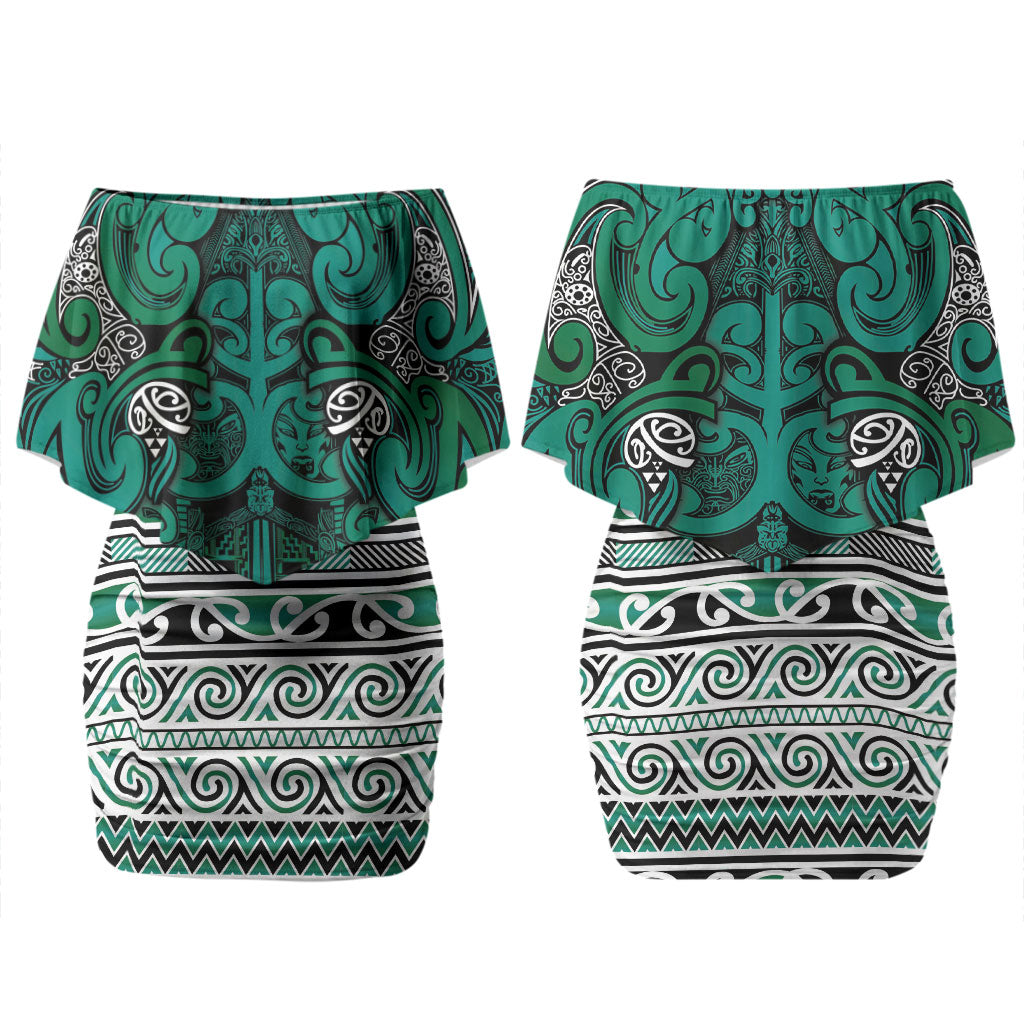 Aotearoa Iwi Ngai Tahu Couples Matching Off Shoulder Short Dress and Long Sleeve Button Shirt Maori Wharenui House Tribal Pattern