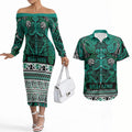 Aotearoa Iwi Ngai Tahu Couples Matching Off The Shoulder Long Sleeve Dress and Hawaiian Shirt Maori Wharenui House Tribal Pattern