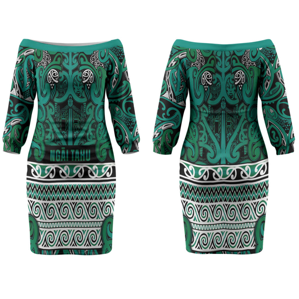Aotearoa Iwi Ngai Tahu Couples Matching Off The Shoulder Long Sleeve Dress and Hawaiian Shirt Maori Wharenui House Tribal Pattern