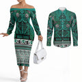 Aotearoa Iwi Ngai Tahu Couples Matching Off The Shoulder Long Sleeve Dress and Long Sleeve Button Shirt Maori Wharenui House Tribal Pattern