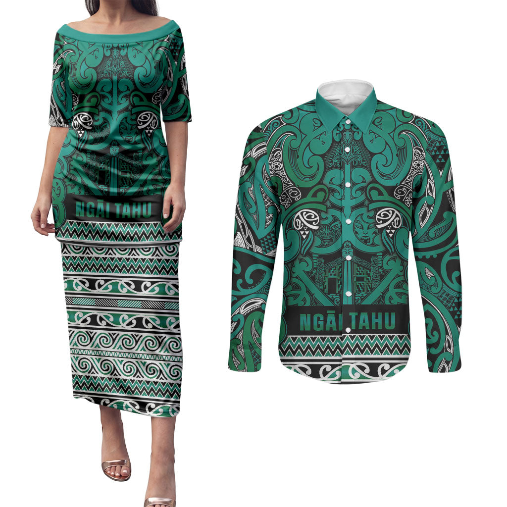 Aotearoa Iwi Ngai Tahu Couples Matching Puletasi and Long Sleeve Button Shirt Maori Wharenui House Tribal Pattern