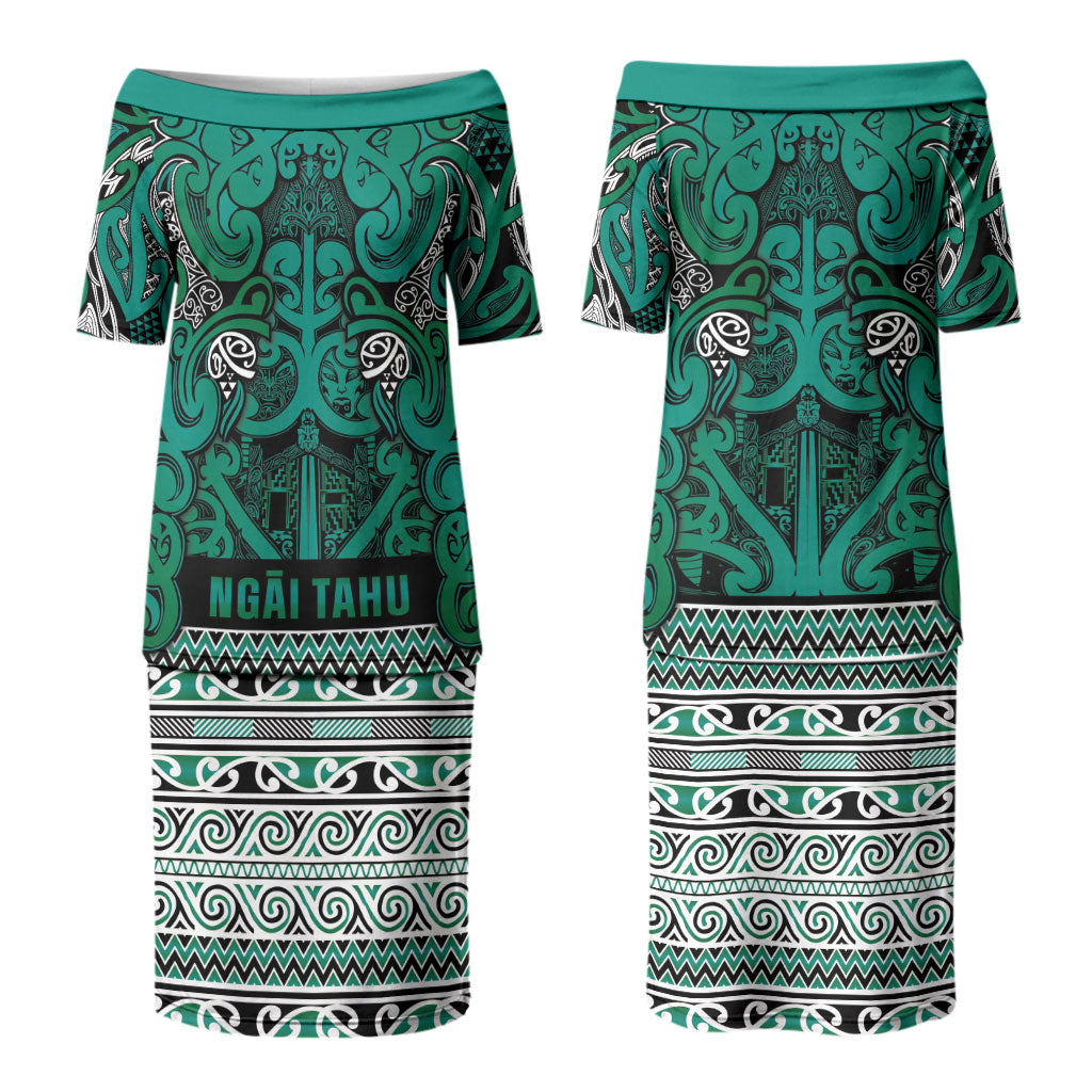 Aotearoa Iwi Ngai Tahu Couples Matching Puletasi and Long Sleeve Button Shirt Maori Wharenui House Tribal Pattern