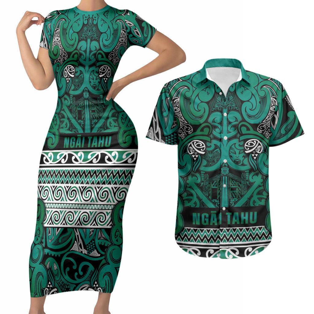 Aotearoa Iwi Ngai Tahu Couples Matching Short Sleeve Bodycon Dress and Hawaiian Shirt Maori Wharenui House Tribal Pattern