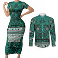 Aotearoa Iwi Ngai Tahu Couples Matching Short Sleeve Bodycon Dress and Long Sleeve Button Shirt Maori Wharenui House Tribal Pattern