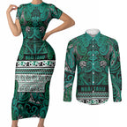 Aotearoa Iwi Ngai Tahu Couples Matching Short Sleeve Bodycon Dress and Long Sleeve Button Shirt Maori Wharenui House Tribal Pattern
