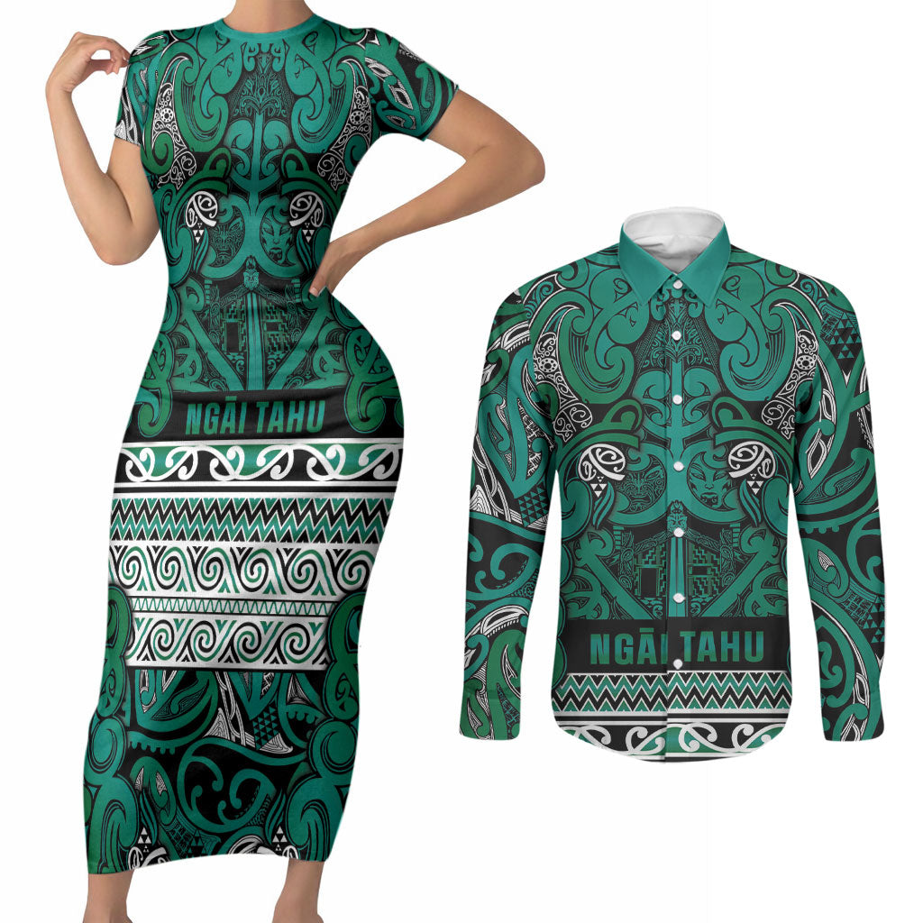 Aotearoa Iwi Ngai Tahu Couples Matching Short Sleeve Bodycon Dress and Long Sleeve Button Shirt Maori Wharenui House Tribal Pattern