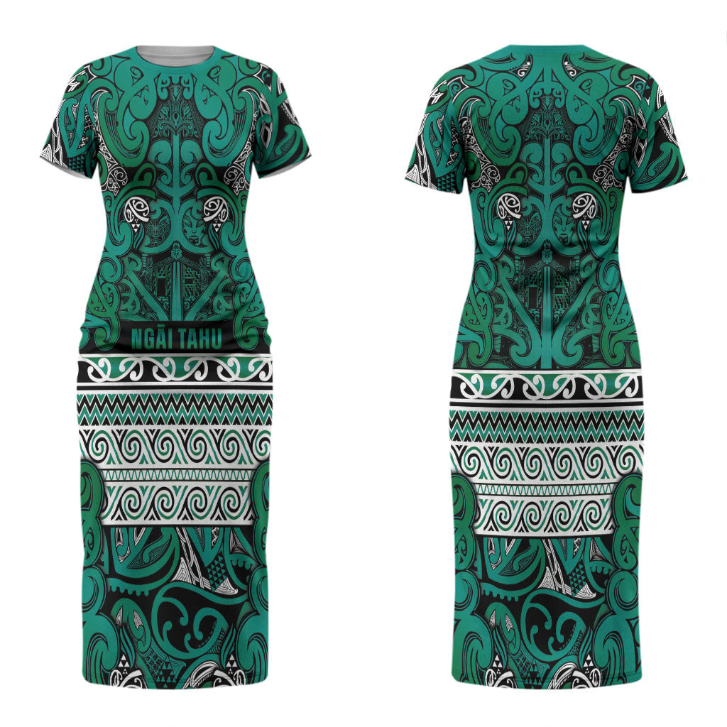 Aotearoa Iwi Ngai Tahu Couples Matching Short Sleeve Bodycon Dress and Long Sleeve Button Shirt Maori Wharenui House Tribal Pattern
