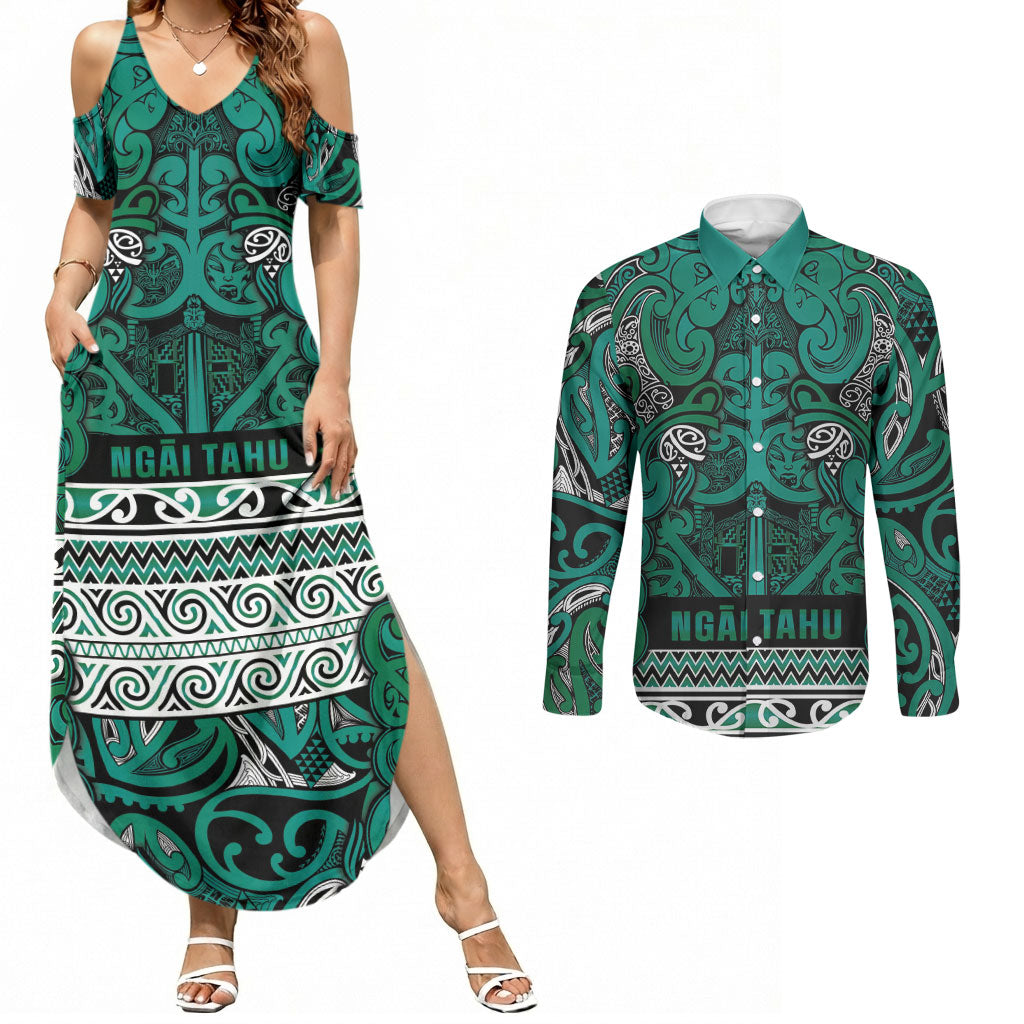 Aotearoa Iwi Ngai Tahu Couples Matching Summer Maxi Dress and Long Sleeve Button Shirt Maori Wharenui House Tribal Pattern