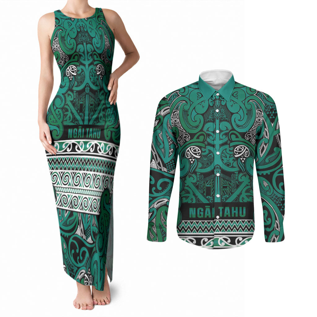 Aotearoa Iwi Ngai Tahu Couples Matching Tank Maxi Dress and Long Sleeve Button Shirt Maori Wharenui House Tribal Pattern