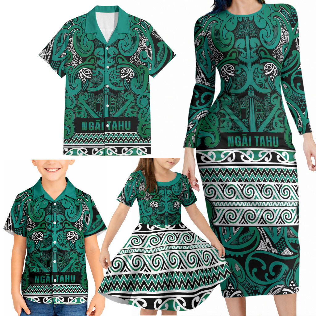 Aotearoa Iwi Ngai Tahu Family Matching Long Sleeve Bodycon Dress and Hawaiian Shirt Maori Wharenui House Tribal Pattern