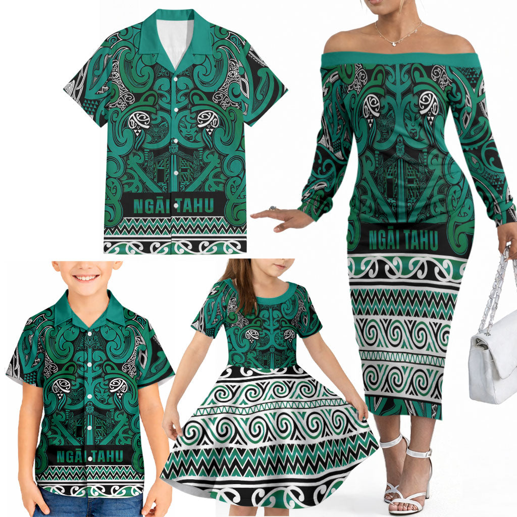 Aotearoa Iwi Ngai Tahu Family Matching Off The Shoulder Long Sleeve Dress and Hawaiian Shirt Maori Wharenui House Tribal Pattern