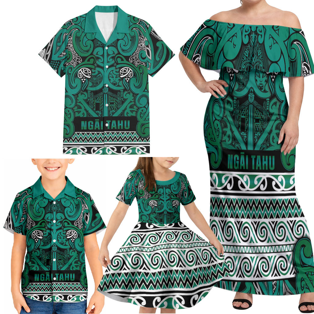 Aotearoa Iwi Ngai Tahu Family Matching Off Shoulder Maxi Dress and Hawaiian Shirt Maori Wharenui House Tribal Pattern