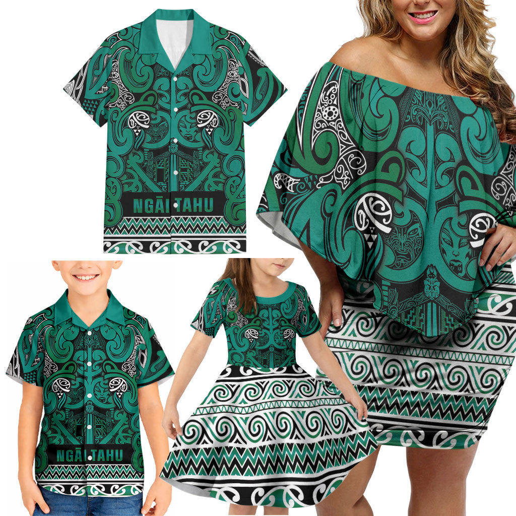 Aotearoa Iwi Ngai Tahu Family Matching Off Shoulder Short Dress and Hawaiian Shirt Maori Wharenui House Tribal Pattern