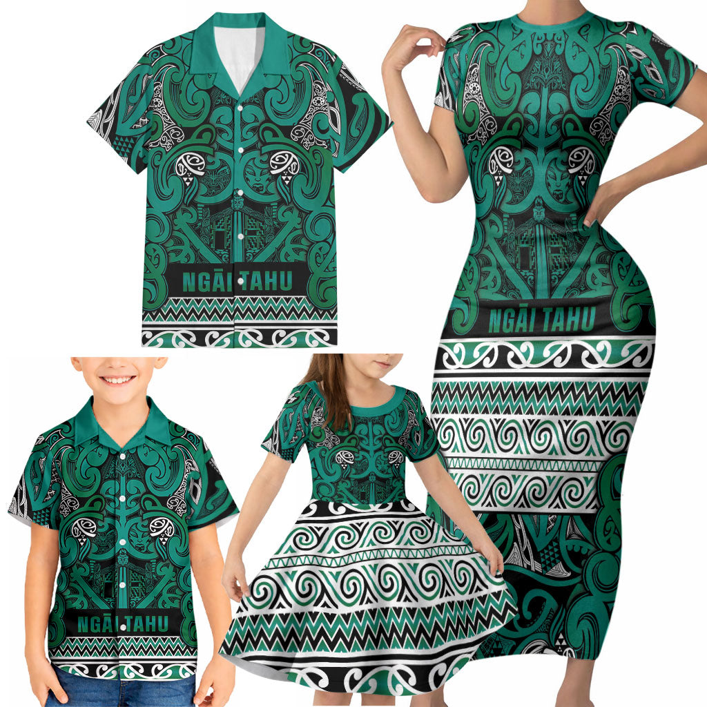 Aotearoa Iwi Ngai Tahu Family Matching Short Sleeve Bodycon Dress and Hawaiian Shirt Maori Wharenui House Tribal Pattern