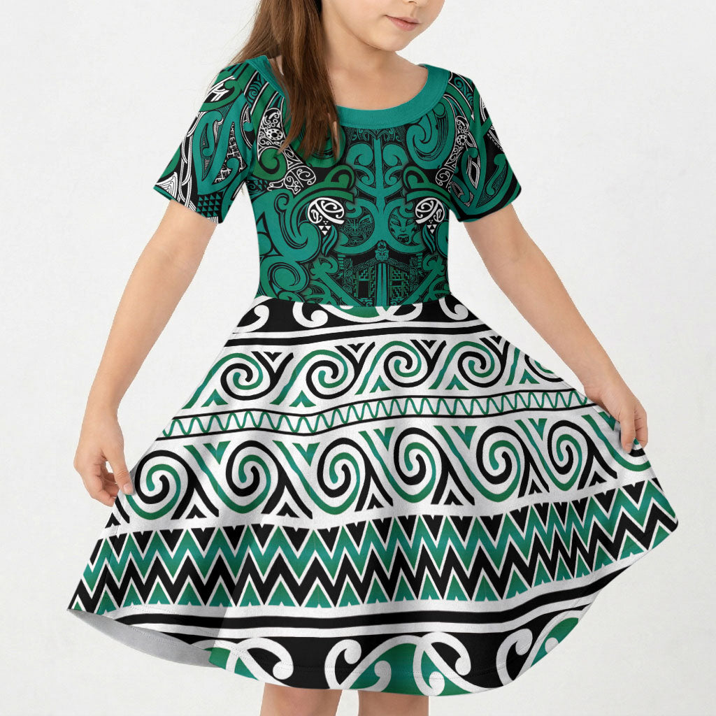 Aotearoa Iwi Ngai Tahu Kid Short Sleeve Dress Maori Wharenui House Tribal Pattern