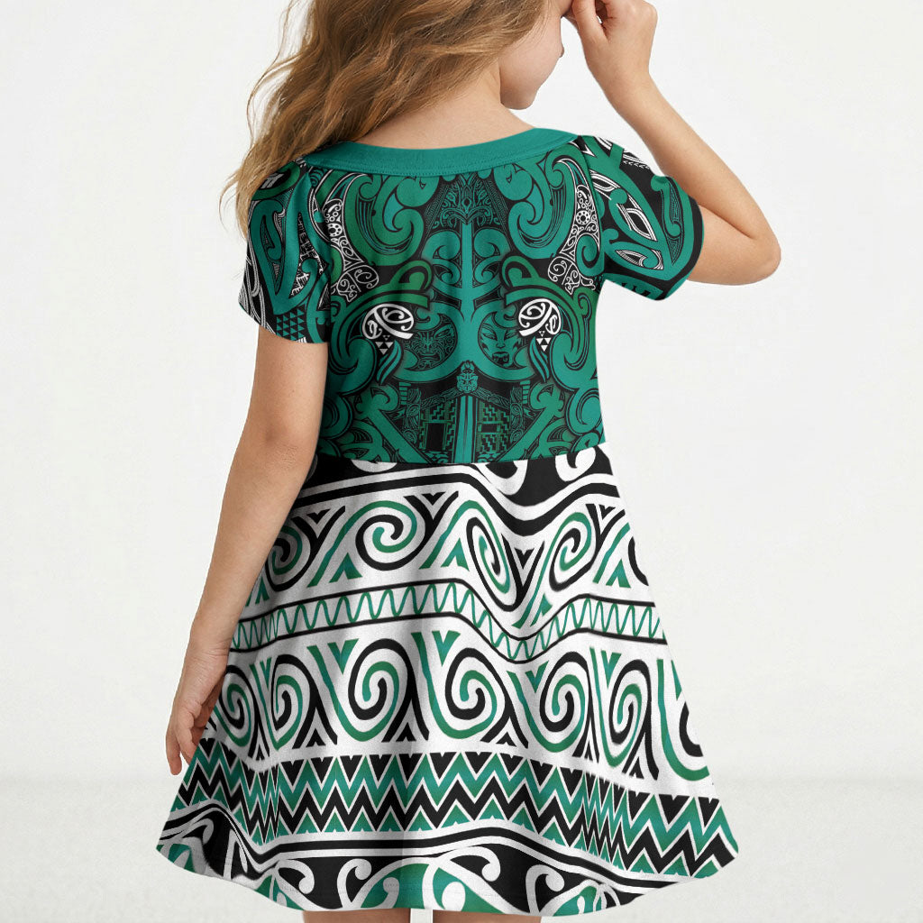 Aotearoa Iwi Ngai Tahu Kid Short Sleeve Dress Maori Wharenui House Tribal Pattern