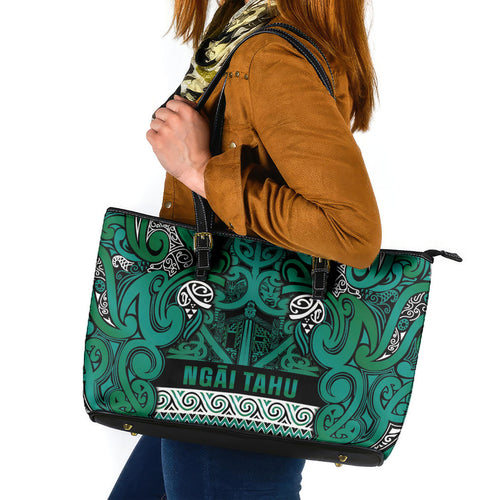 Aotearoa Iwi Ngai Tahu Leather Tote Bag Maori Wharenui House Tribal Pattern