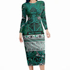 Aotearoa Iwi Ngai Tahu Long Sleeve Bodycon Dress Maori Wharenui House Tribal Pattern