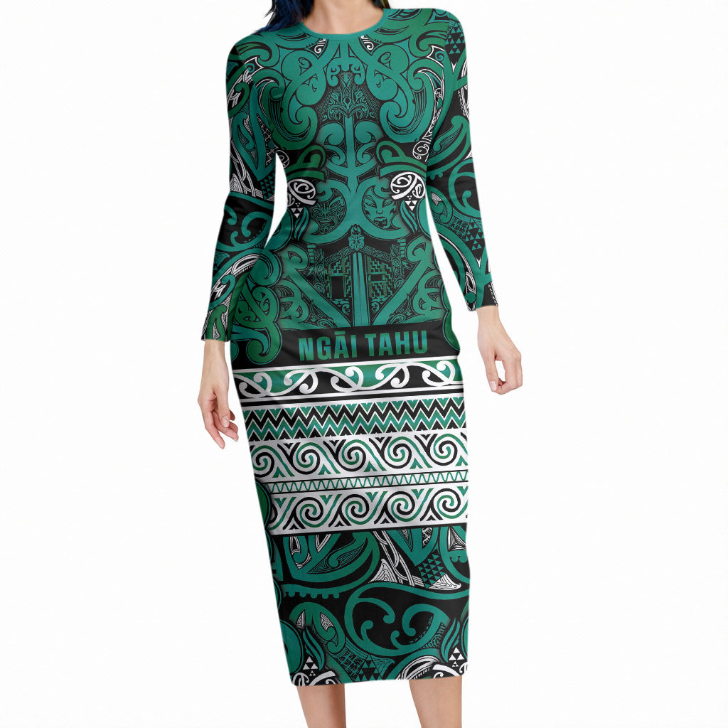 Aotearoa Iwi Ngai Tahu Long Sleeve Bodycon Dress Maori Wharenui House Tribal Pattern