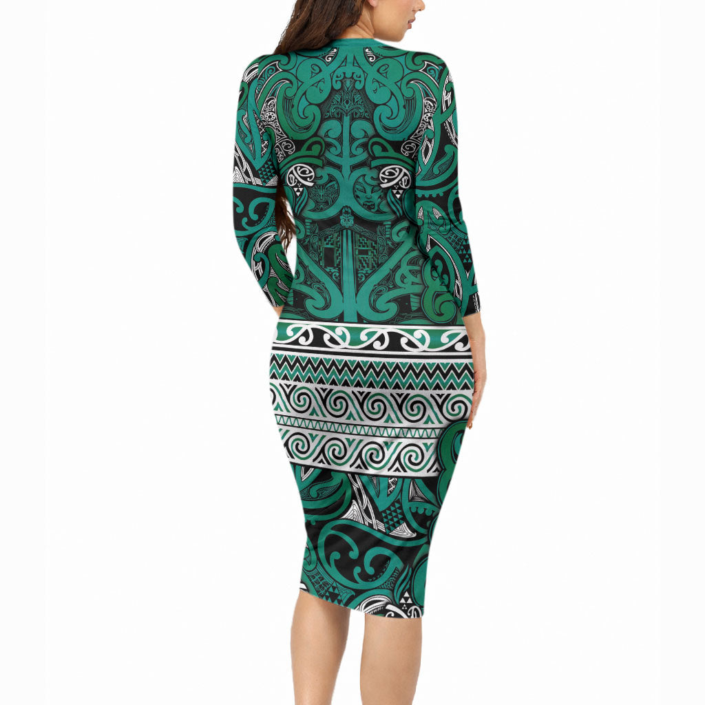 Aotearoa Iwi Ngai Tahu Long Sleeve Bodycon Dress Maori Wharenui House Tribal Pattern