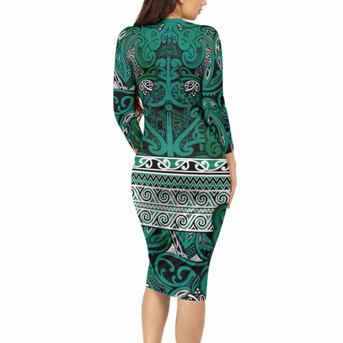 Aotearoa Iwi Ngai Tahu Long Sleeve Bodycon Dress Maori Wharenui House Tribal Pattern