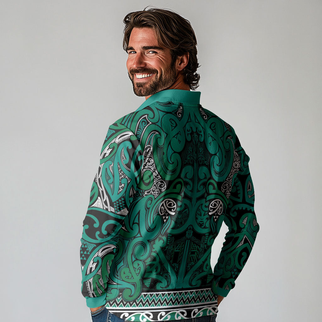 Aotearoa Iwi Ngai Tahu Long Sleeve Polo Shirt Maori Wharenui House Tribal Pattern